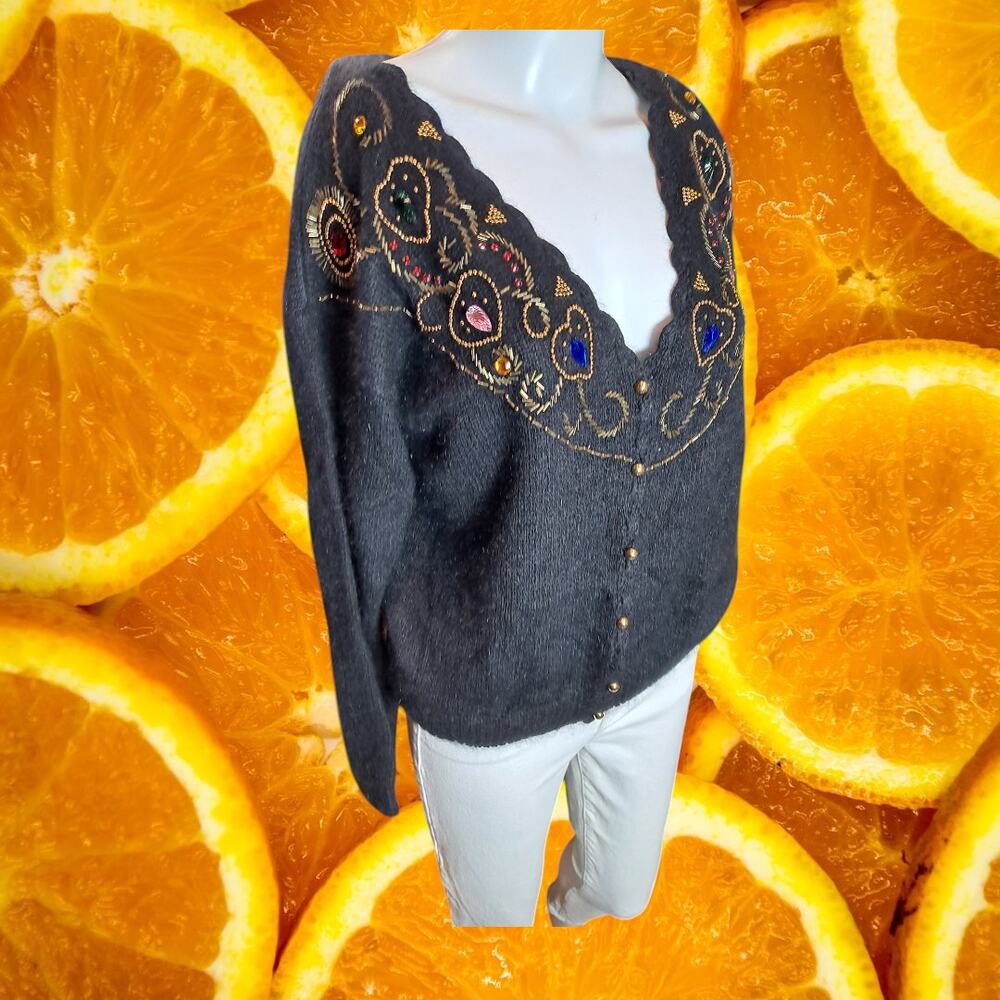 Spice of Life Silk Angora Wool Blend Embellished Cardigan Sweater Size‎ M